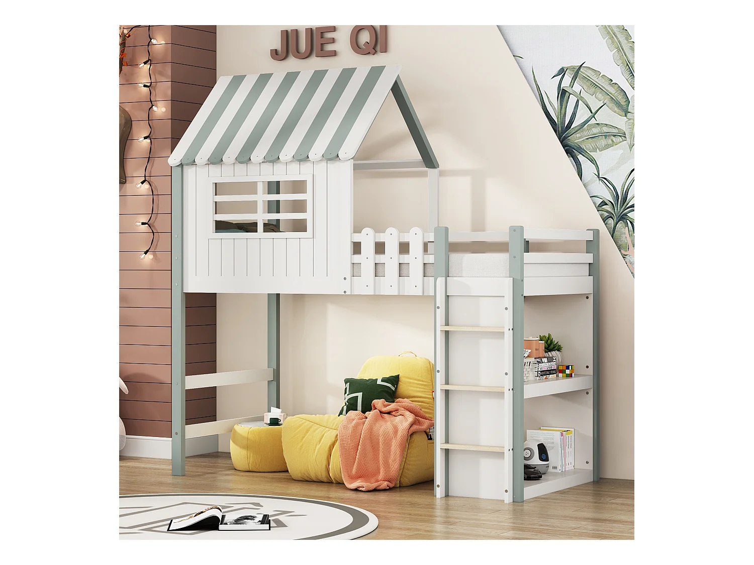 Lit mezzanine cabane enfant blanc et vert 90x200cm avec échelle, fenêtre et étagère de rangement, sans matelas