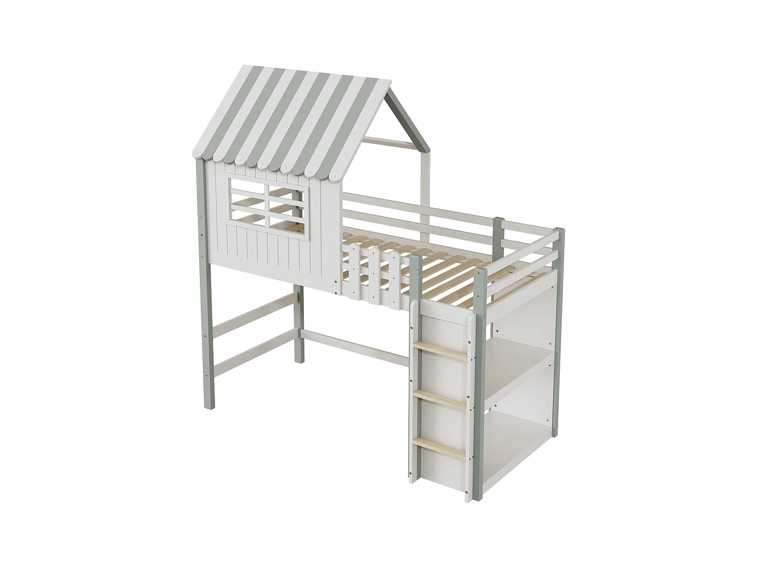 Lit mezzanine cabane enfant blanc et vert 90x200cm avec échelle, fenêtre et étagère de rangement, sans matelas
