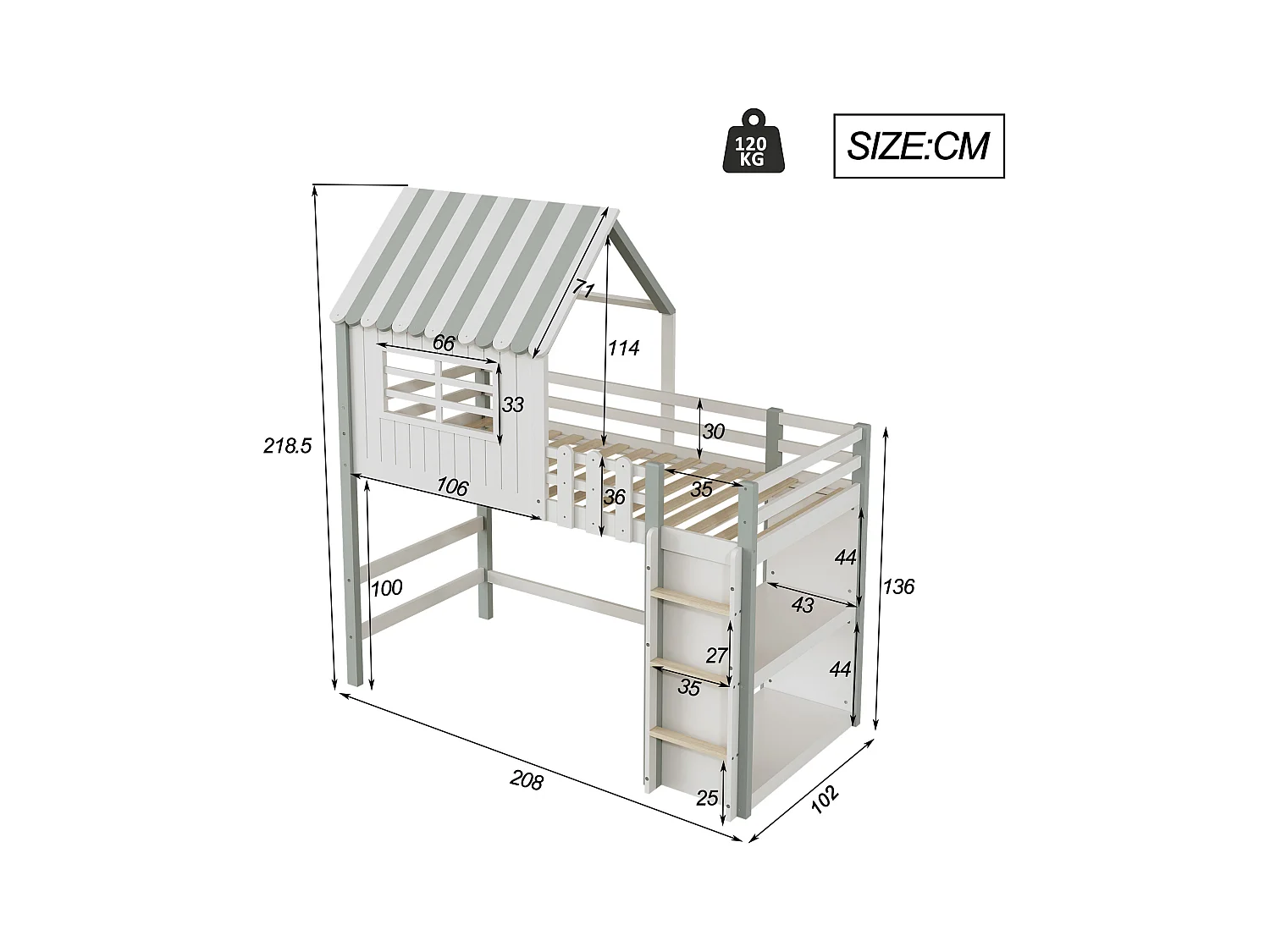 Lit mezzanine cabane enfant blanc et vert 90x200cm avec échelle, fenêtre et étagère de rangement, sans matelas