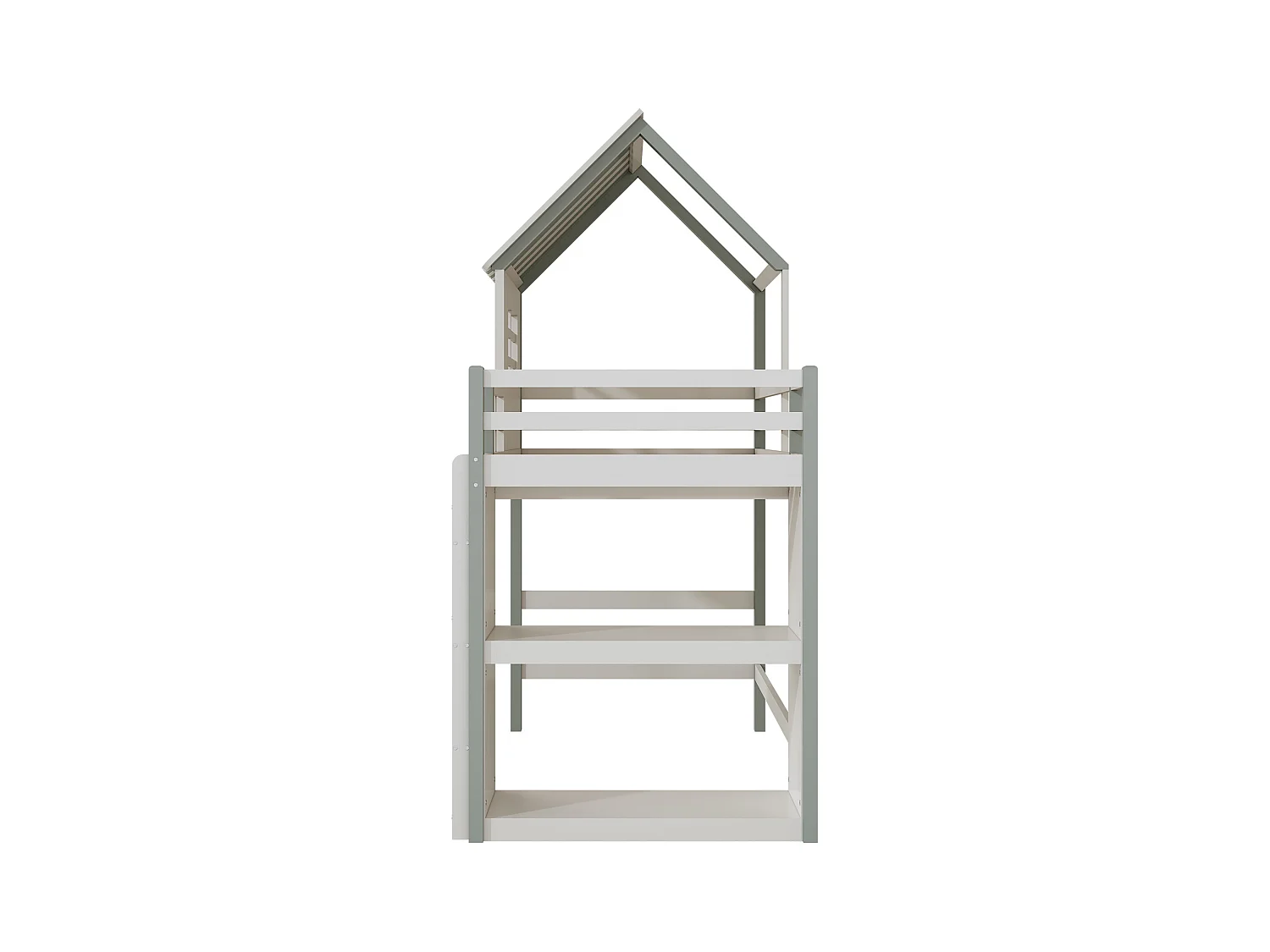 Lit mezzanine cabane enfant blanc et vert 90x200cm avec échelle, fenêtre et étagère de rangement, sans matelas