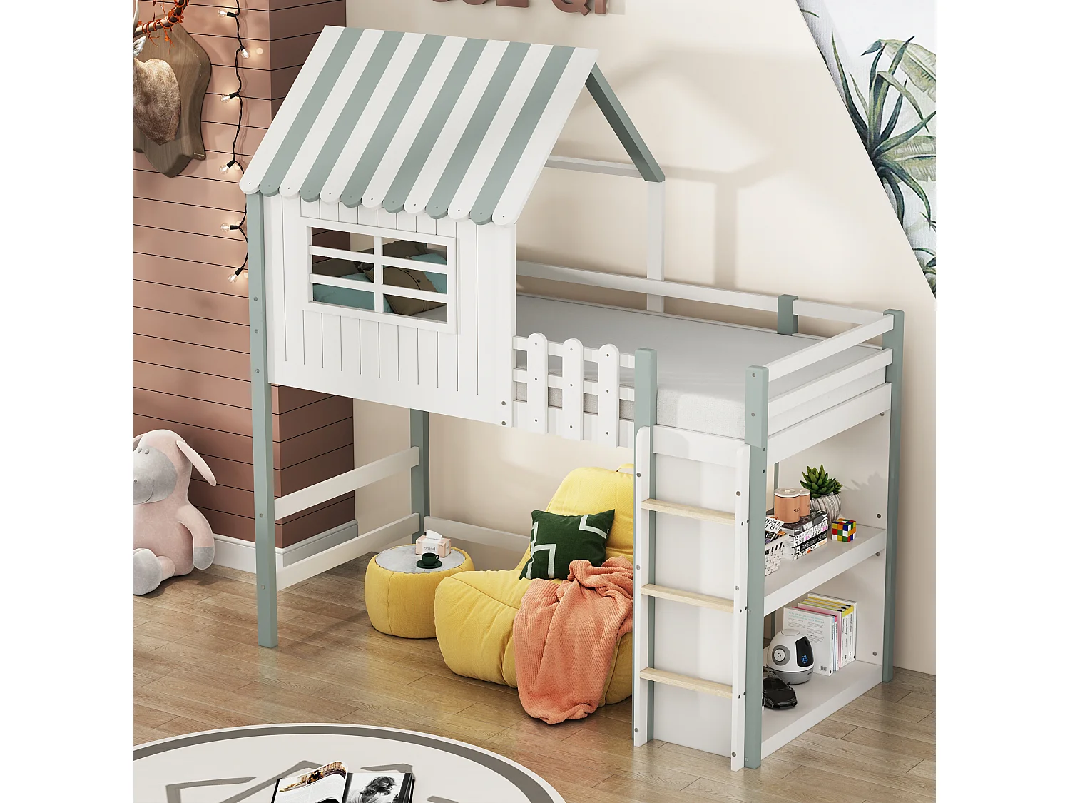 Cama alta infantil blanca y verde de 90x200cm con escalera, ventana y estantería, sin colchón