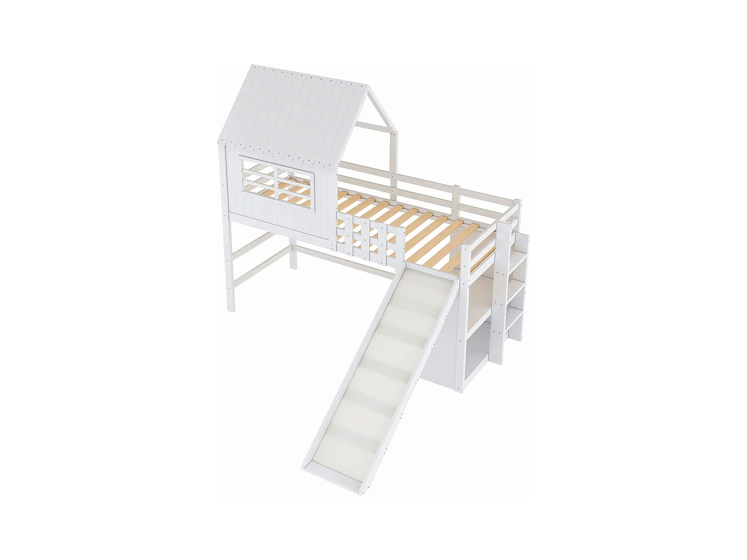 Lit mezzanine cabane enfant 90x200cm blanc avec toboggan, échelle et rangement, barrière de sécurité, sans matelas