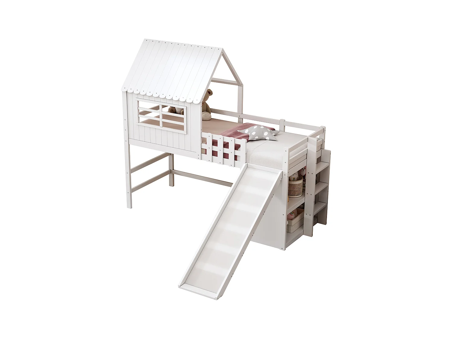 Lit mezzanine cabane enfant 90x200cm blanc avec toboggan, échelle et rangement, barrière de sécurité, sans matelas