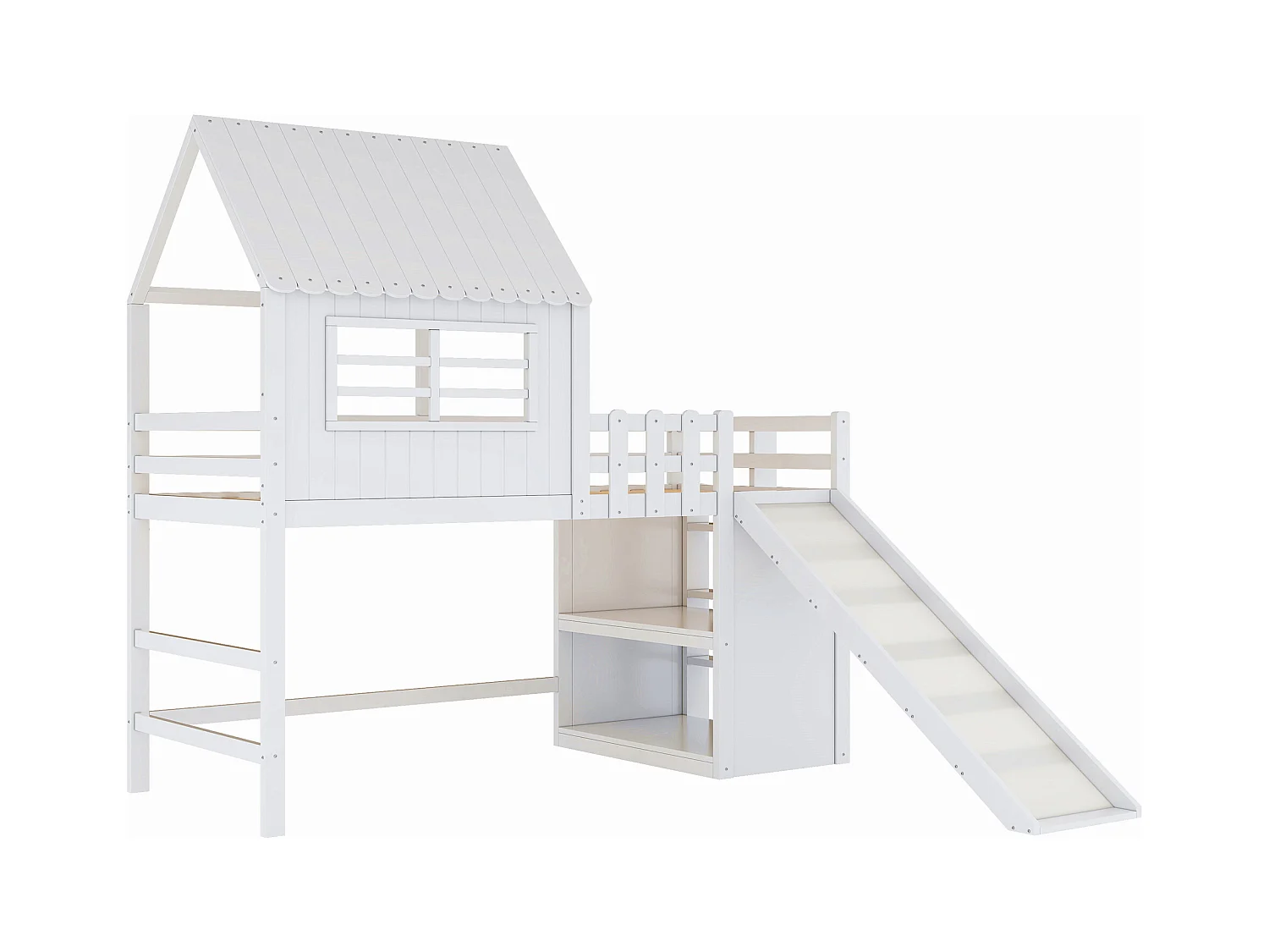 Lit mezzanine cabane enfant 90x200cm blanc avec toboggan, échelle et rangement, barrière de sécurité, sans matelas