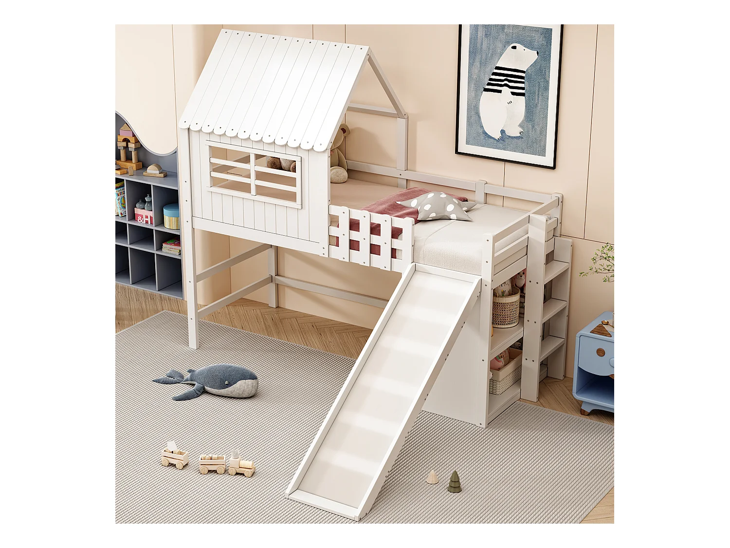 Lit mezzanine cabane enfant 90x200cm blanc avec toboggan, échelle et rangement, barrière de sécurité, sans matelas