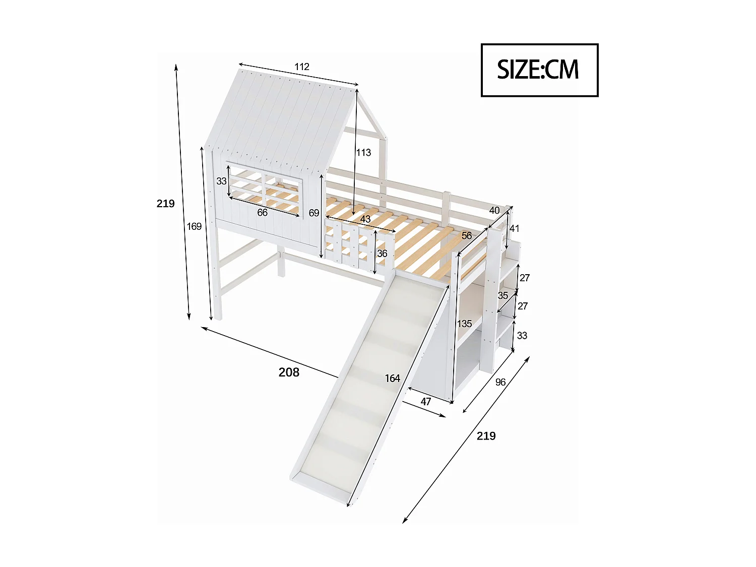 Cama alta infantil 90x200cm branca com escorrega, escada e arrumação, barreira de segurança, sem colchão
