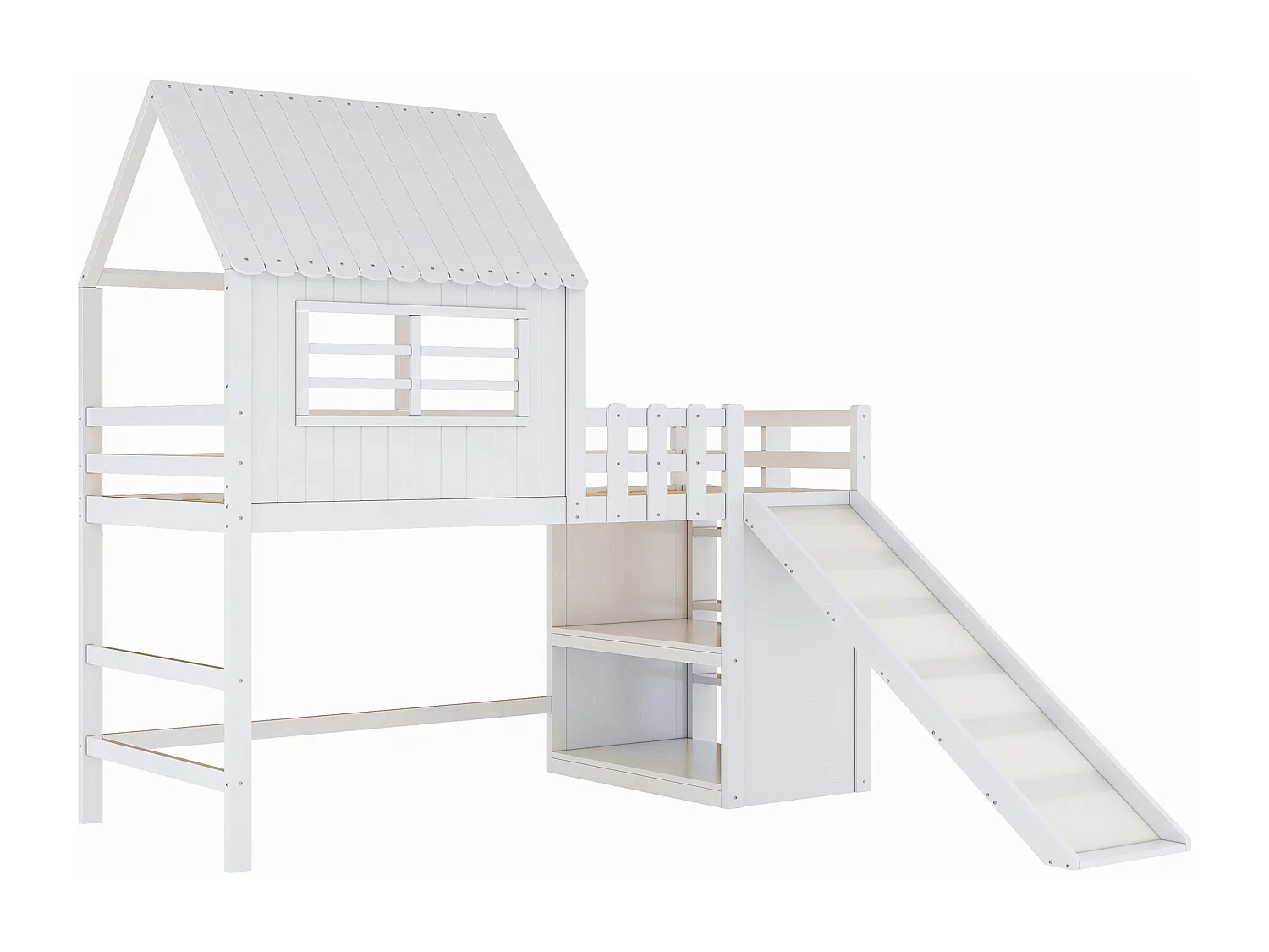 Cama alta infantil 90x200cm branca com escorrega, escada e arrumação, barreira de segurança, sem colchão