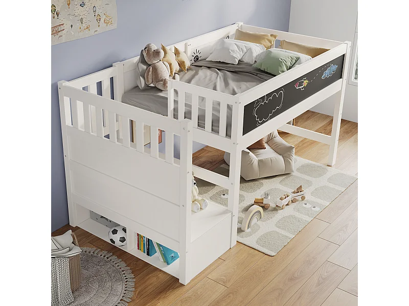 Lit mezzanine enfant blanc 90x200cm avec escalier de rangement et tablette écritoire, sans matelas