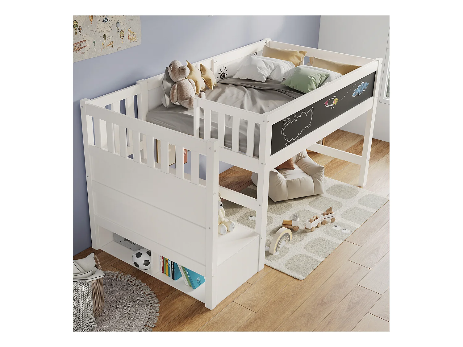 Lit mezzanine enfant blanc 90x200cm avec escalier de rangement et tablette écritoire, sans matelas