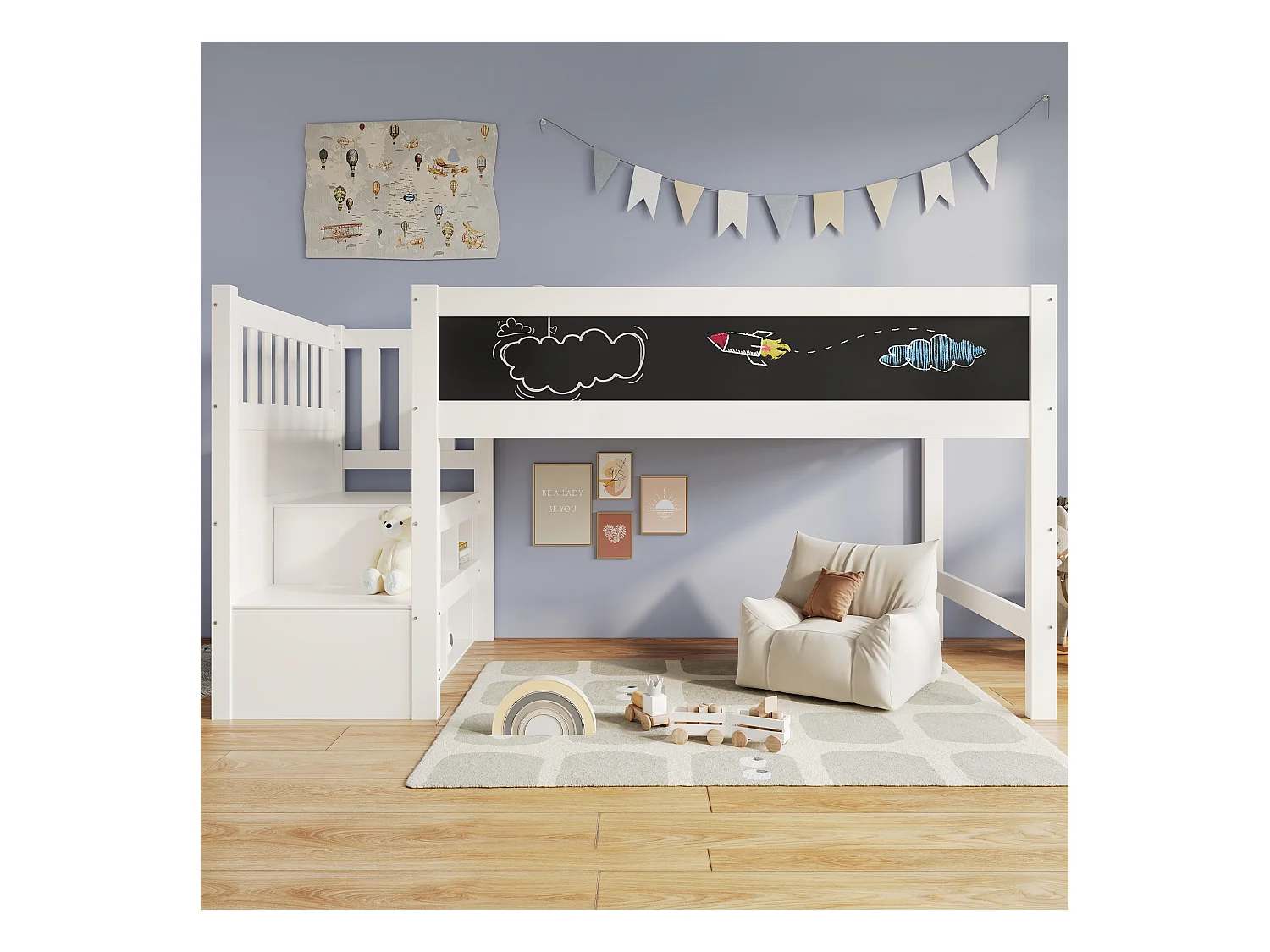 Lit mezzanine enfant blanc 90x200cm avec escalier de rangement et tablette écritoire, sans matelas