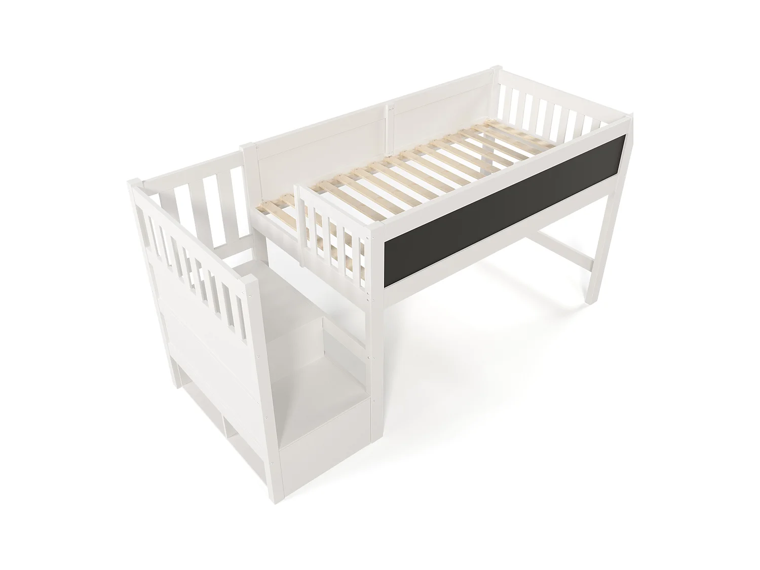 Lit mezzanine enfant blanc 90x200cm avec escalier de rangement et tablette écritoire, sans matelas