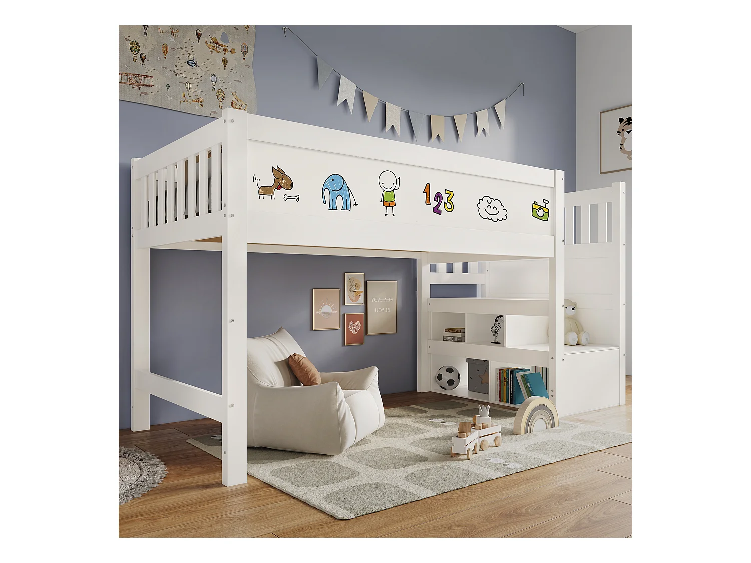 Lit mezzanine enfant blanc 90x200cm avec escalier de rangement et tablette écritoire, sans matelas