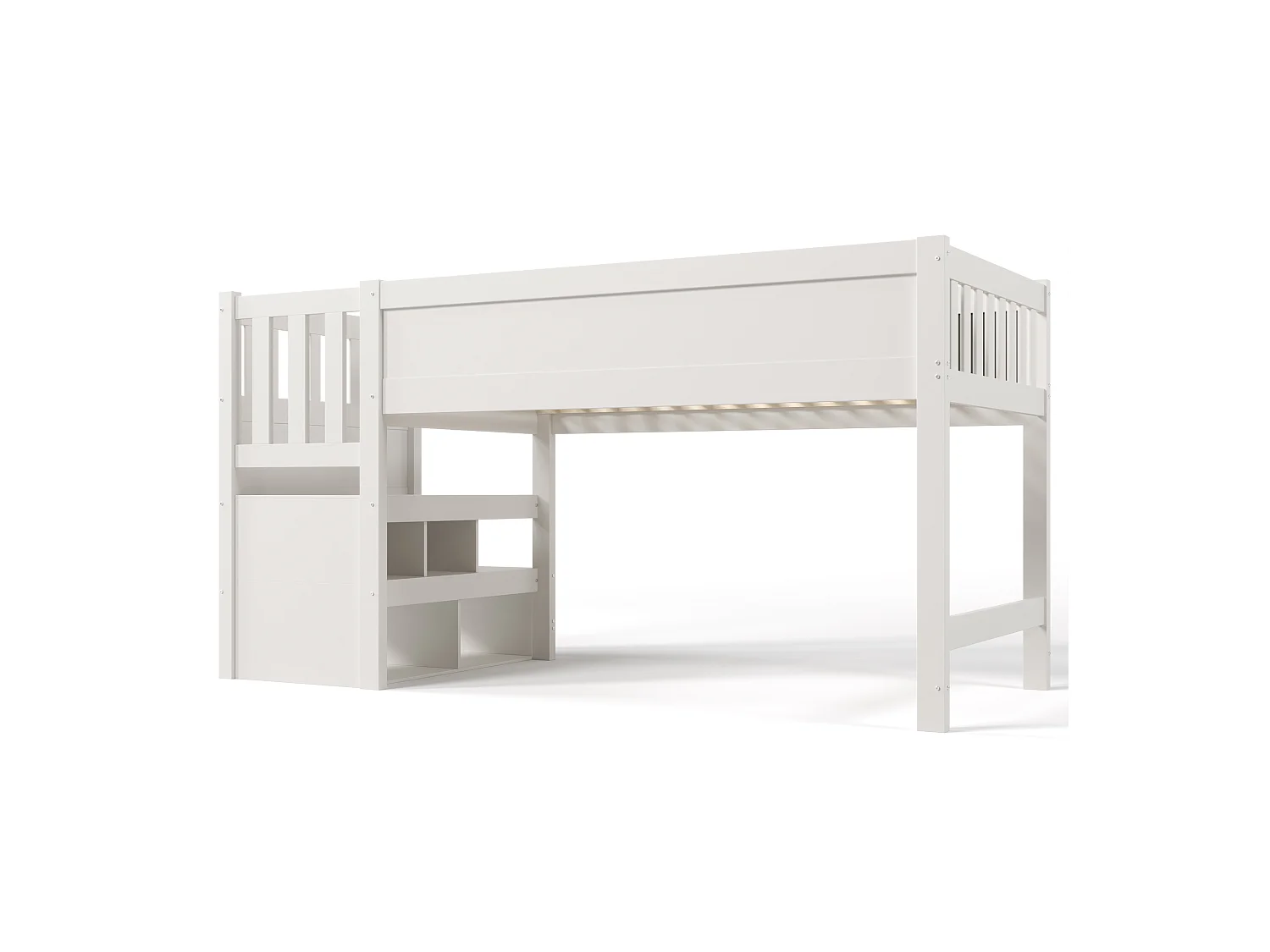 Lit mezzanine enfant blanc 90x200cm avec escalier de rangement et tablette écritoire, sans matelas