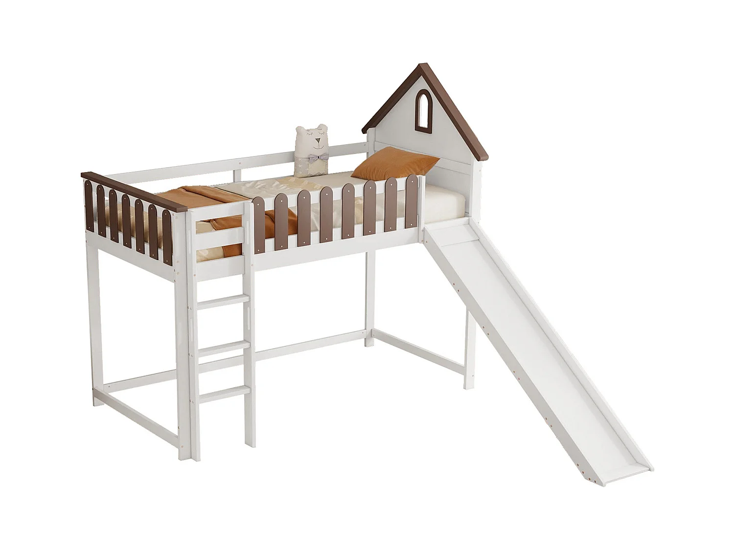 Lit mezzanine cabane enfant blanc et noyer 90x200cm avec échelle et toboggan, sans matelas