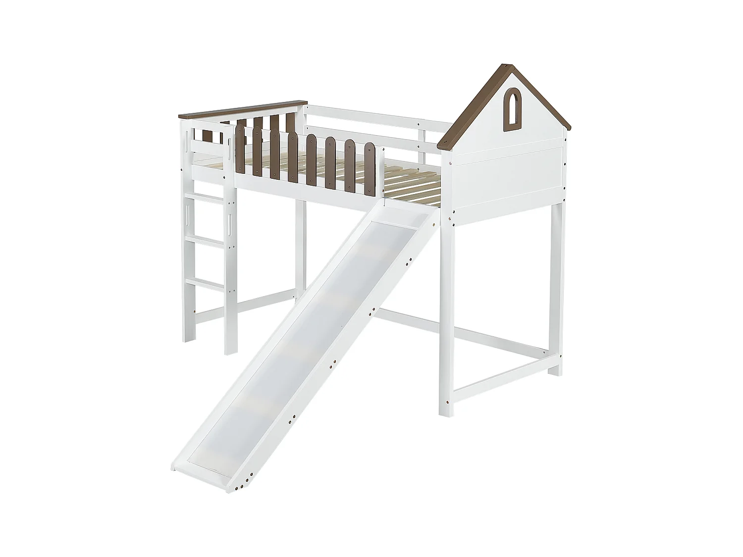 Lit mezzanine cabane enfant blanc et noyer 90x200cm avec échelle et toboggan, sans matelas