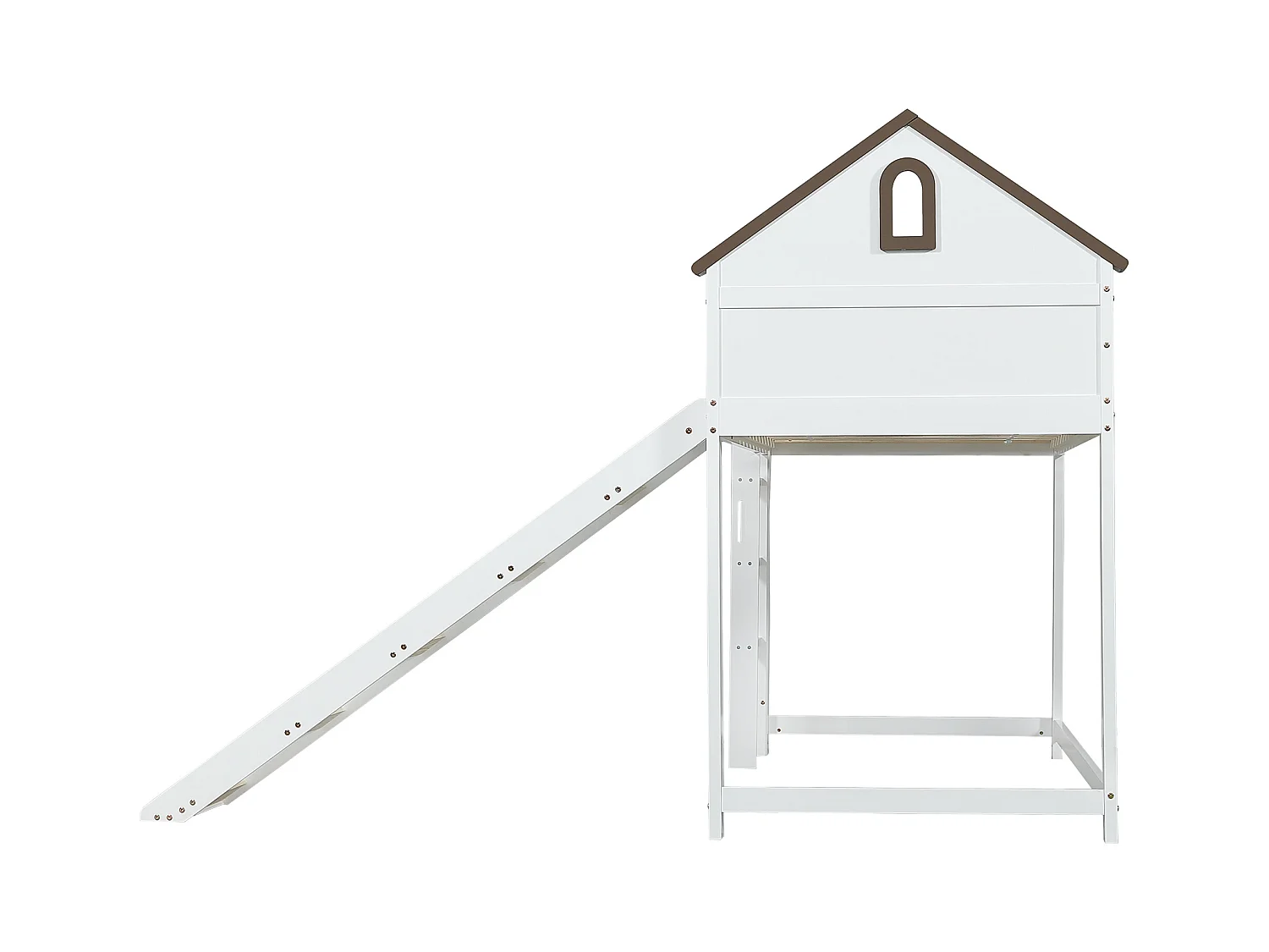 Lit mezzanine cabane enfant blanc et noyer 90x200cm avec échelle et toboggan, sans matelas