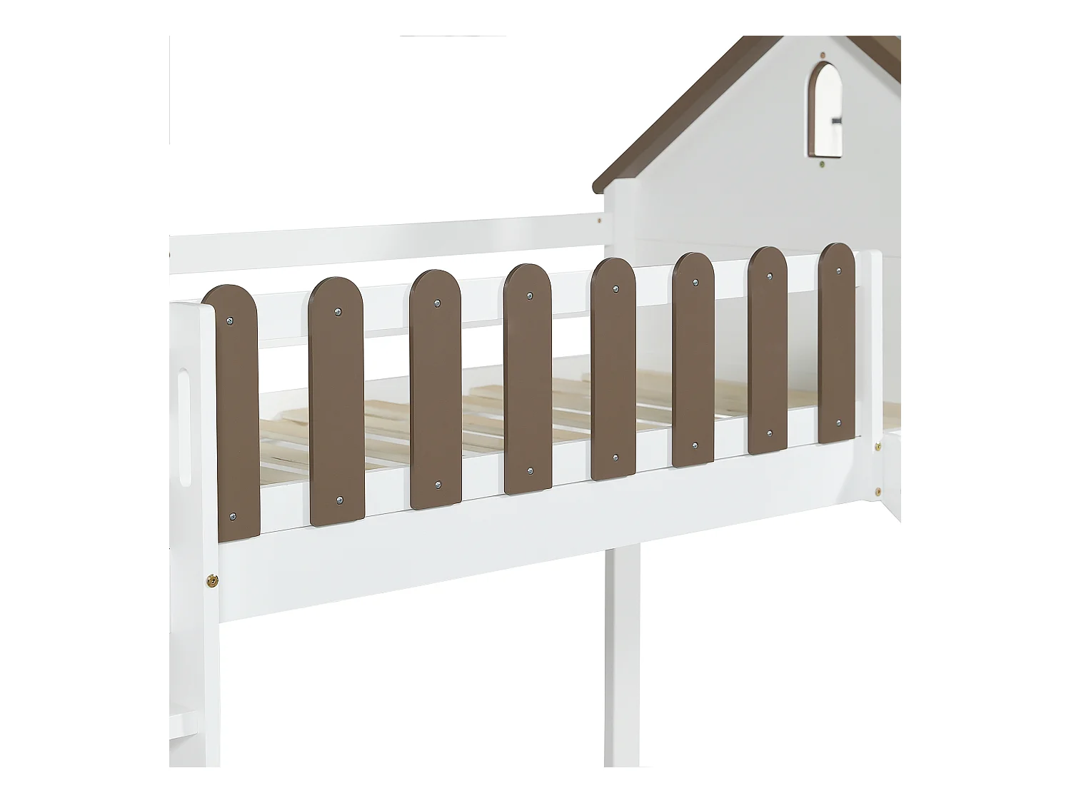 Lit mezzanine cabane enfant blanc et noyer 90x200cm avec échelle et toboggan, sans matelas