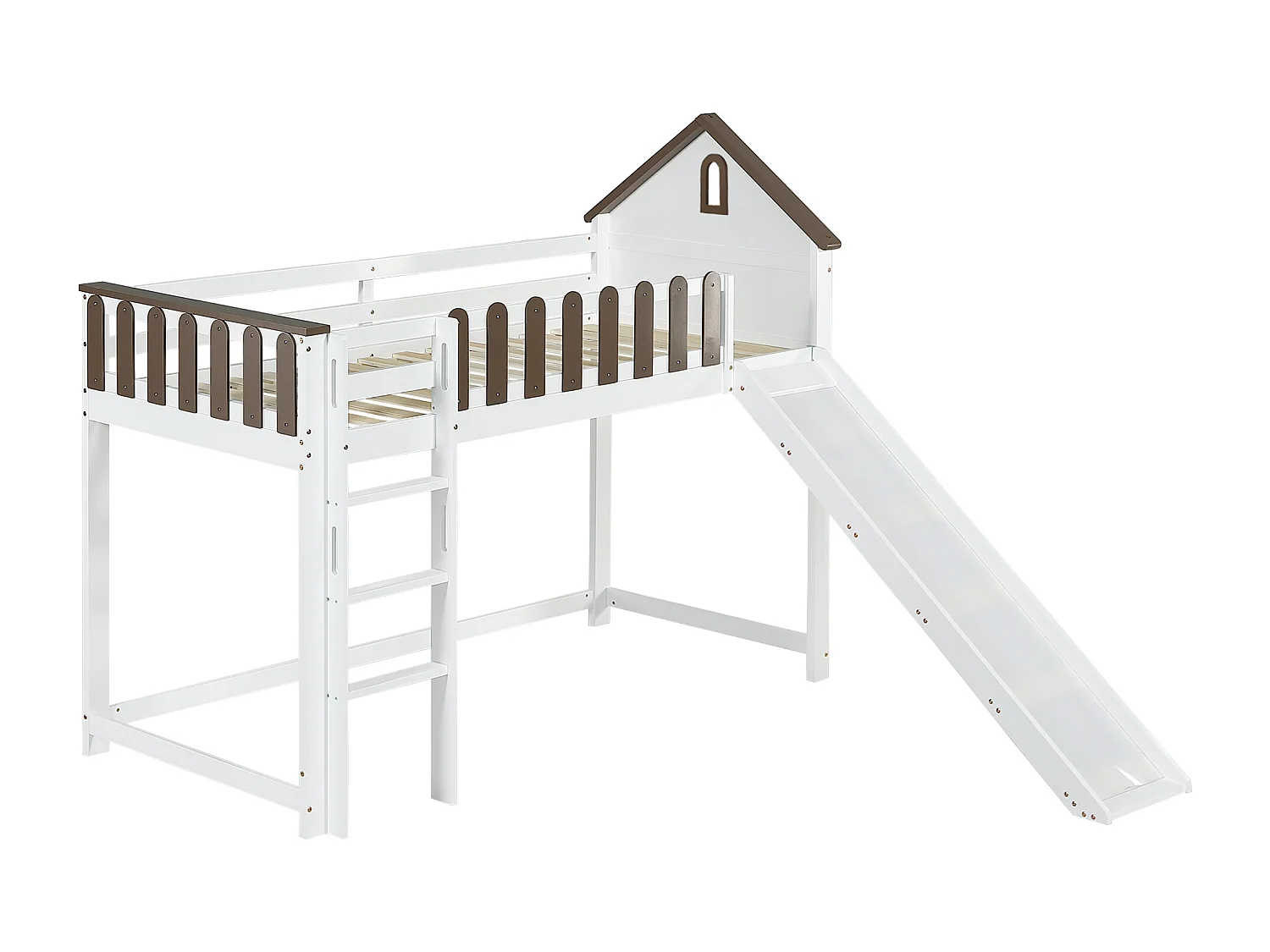 Lit mezzanine cabane enfant blanc et noyer 90x200cm avec échelle et toboggan, sans matelas