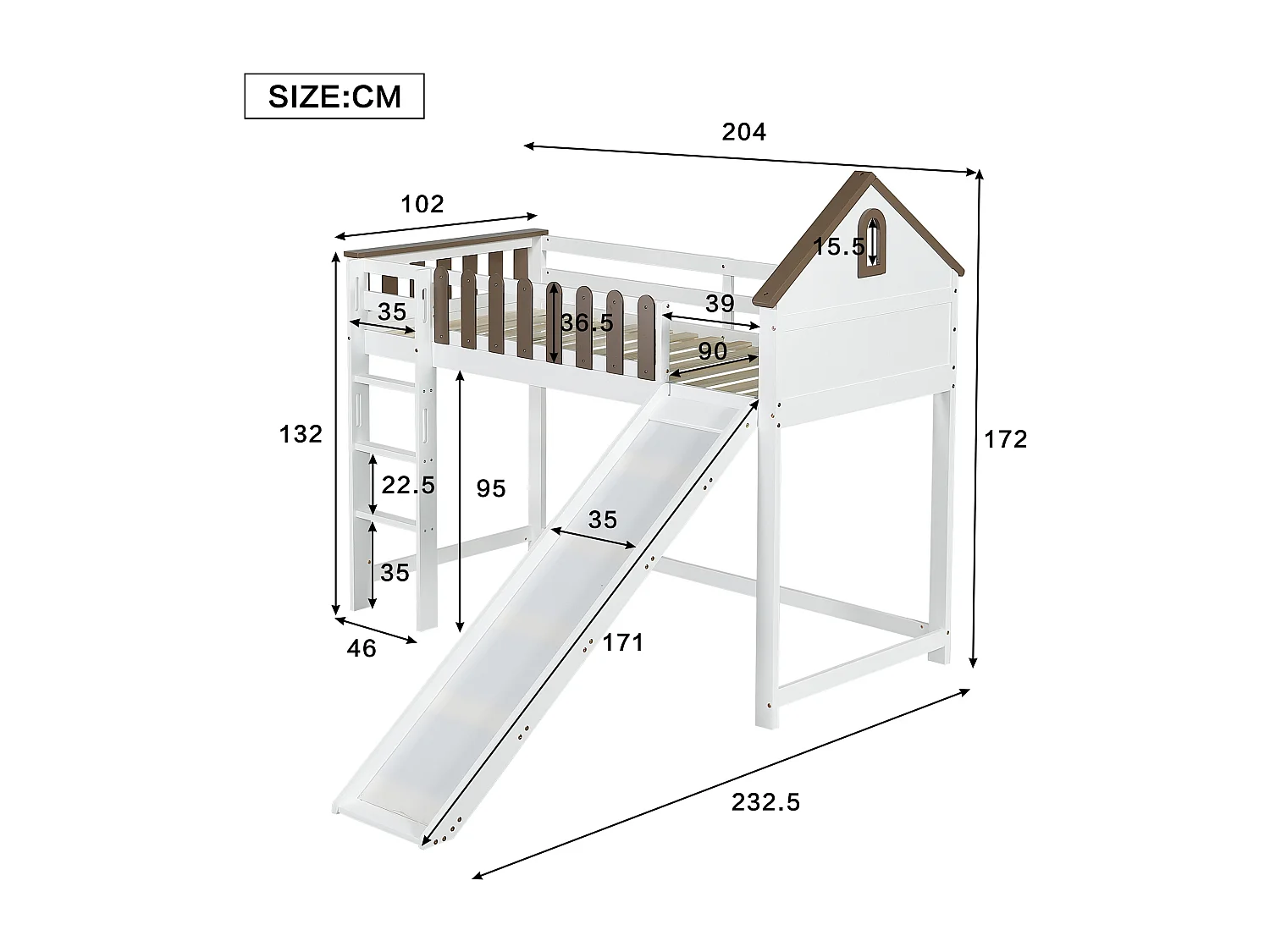 Lit mezzanine cabane enfant blanc et noyer 90x200cm avec échelle et toboggan, sans matelas