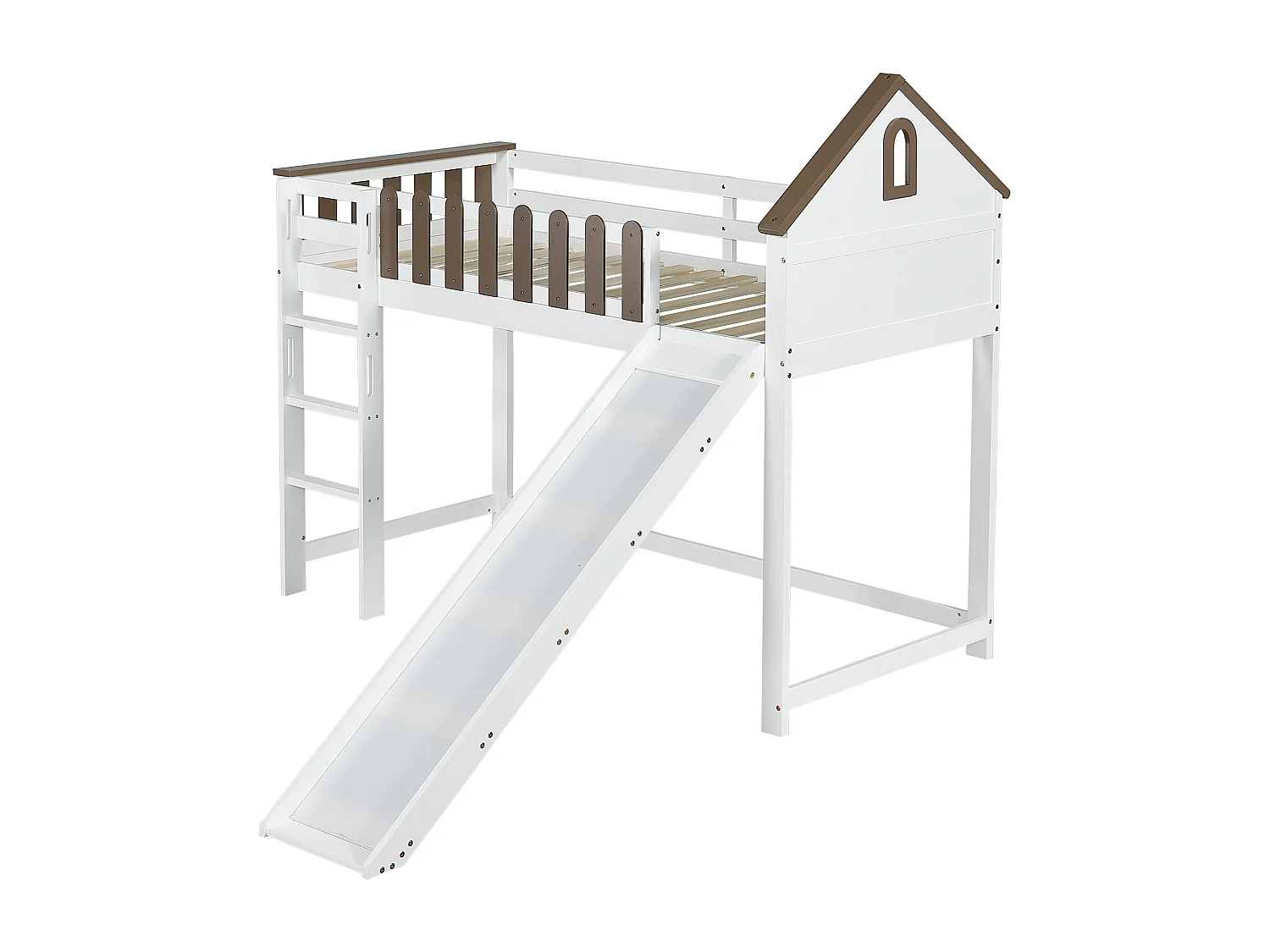 Lit mezzanine cabane enfant blanc et noyer 90x200cm avec échelle et toboggan, sans matelas