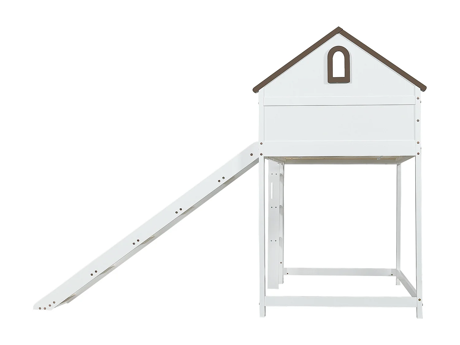 Lit mezzanine cabane enfant blanc et noyer 90x200cm avec échelle et toboggan, sans matelas
