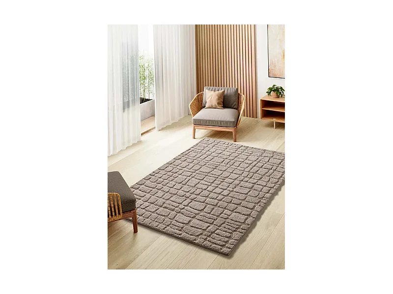 Hochflorteppich - skandinavisch mit Relief - stein - 64x120 cm - JUNO