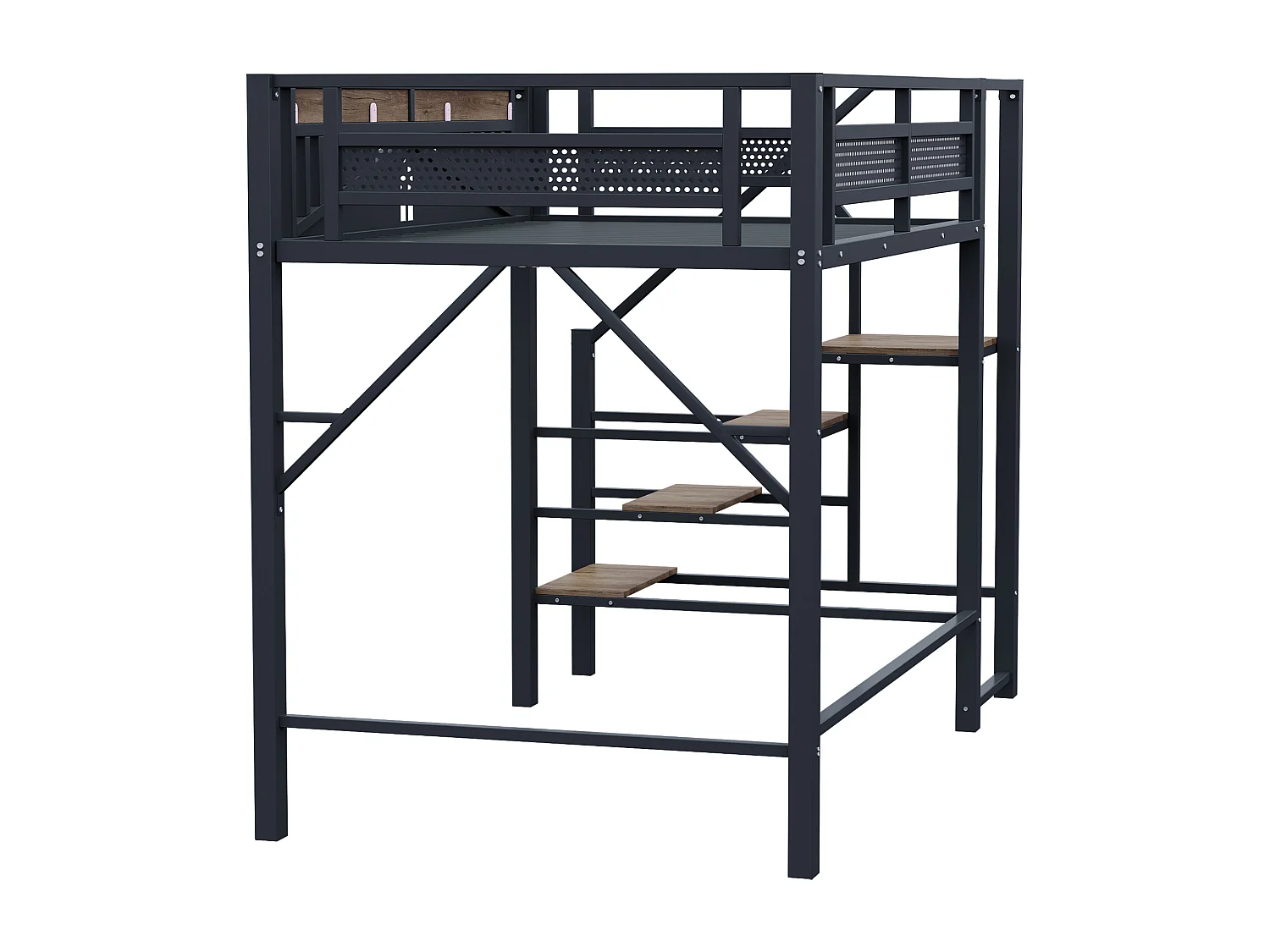 lit mezzanine double 140x200cm, clôtures et d'échelles, en métal noir+ bois, sans matelas