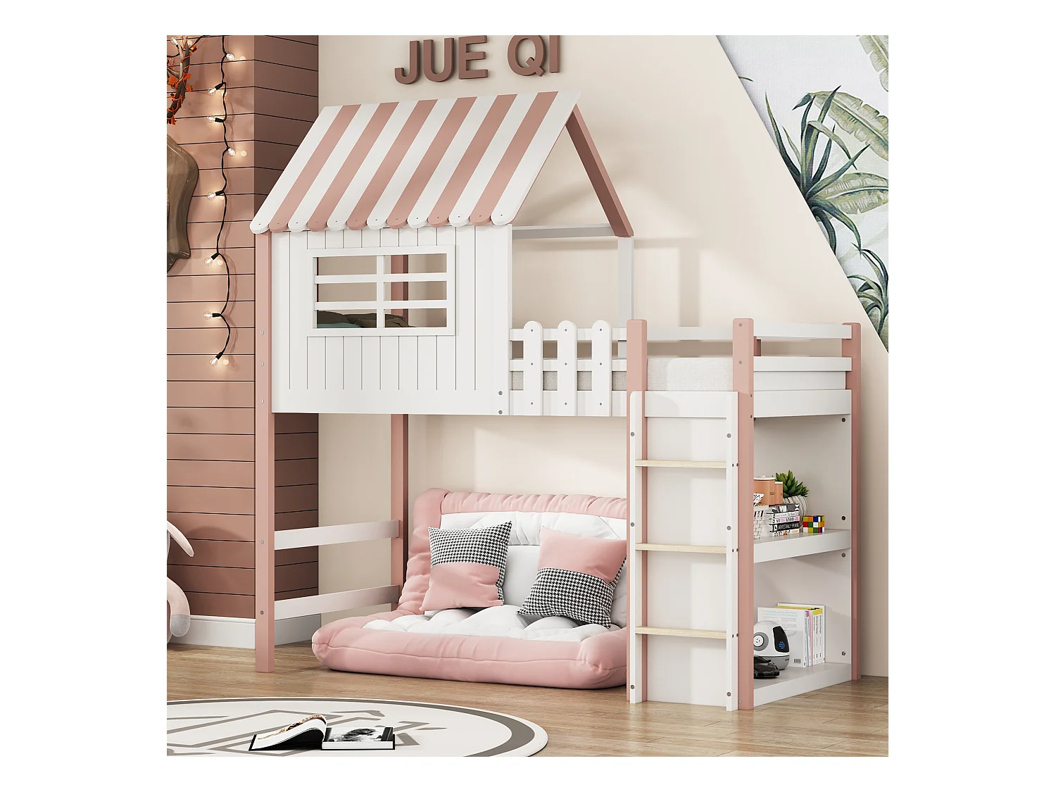 Lit mezzanine cabane enfant blanc et rose 90x200cm avec échelle, fenêtre et étagère de rangement, sans matelas