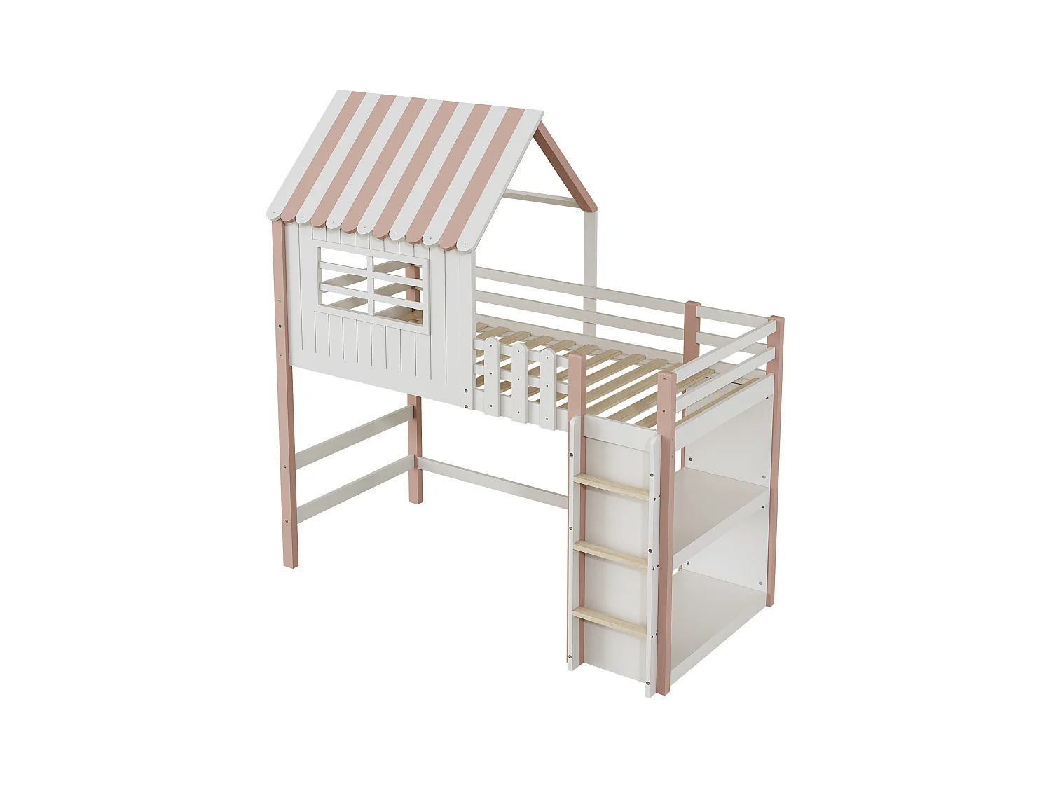 Lit mezzanine cabane enfant blanc et rose 90x200cm avec échelle, fenêtre et étagère de rangement, sans matelas