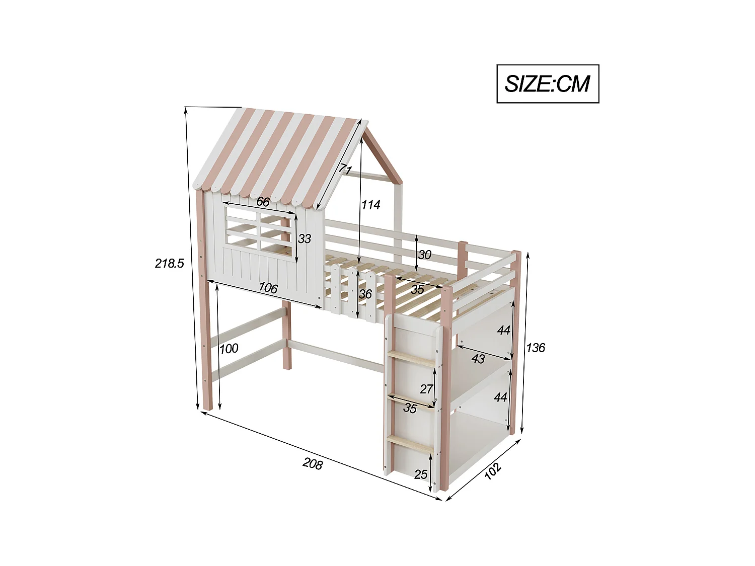 Lit mezzanine cabane enfant blanc et rose 90x200cm avec échelle, fenêtre et étagère de rangement, sans matelas