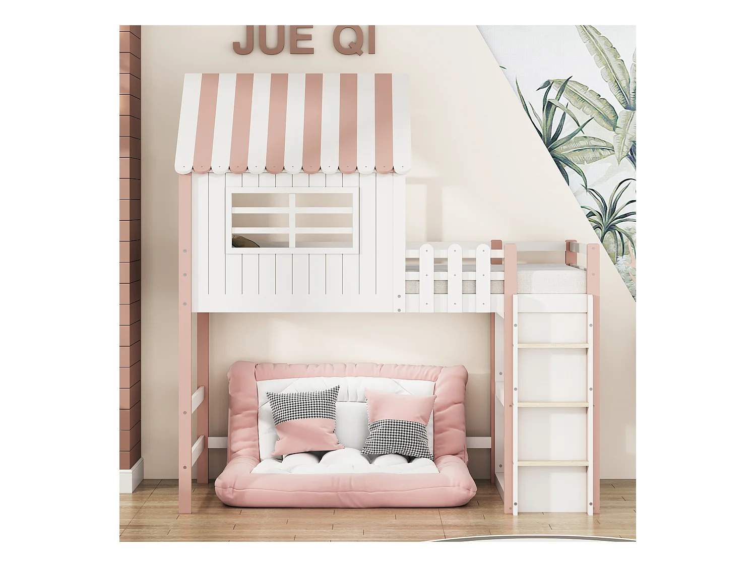 Lit mezzanine cabane enfant blanc et rose 90x200cm avec échelle, fenêtre et étagère de rangement, sans matelas