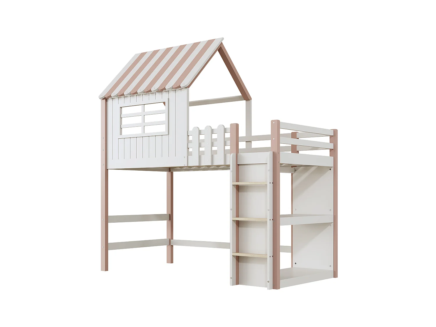 Lit mezzanine cabane enfant blanc et rose 90x200cm avec échelle, fenêtre et étagère de rangement, sans matelas