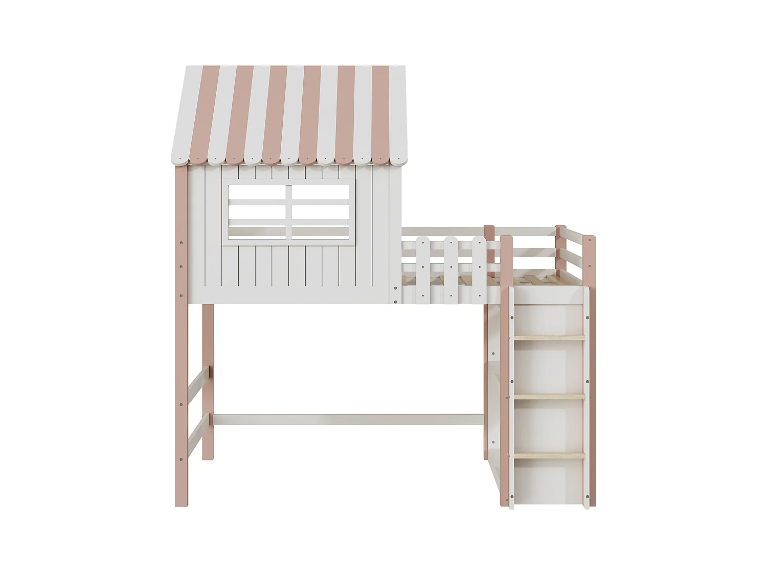 Lit mezzanine cabane enfant blanc et rose 90x200cm avec échelle, fenêtre et étagère de rangement, sans matelas