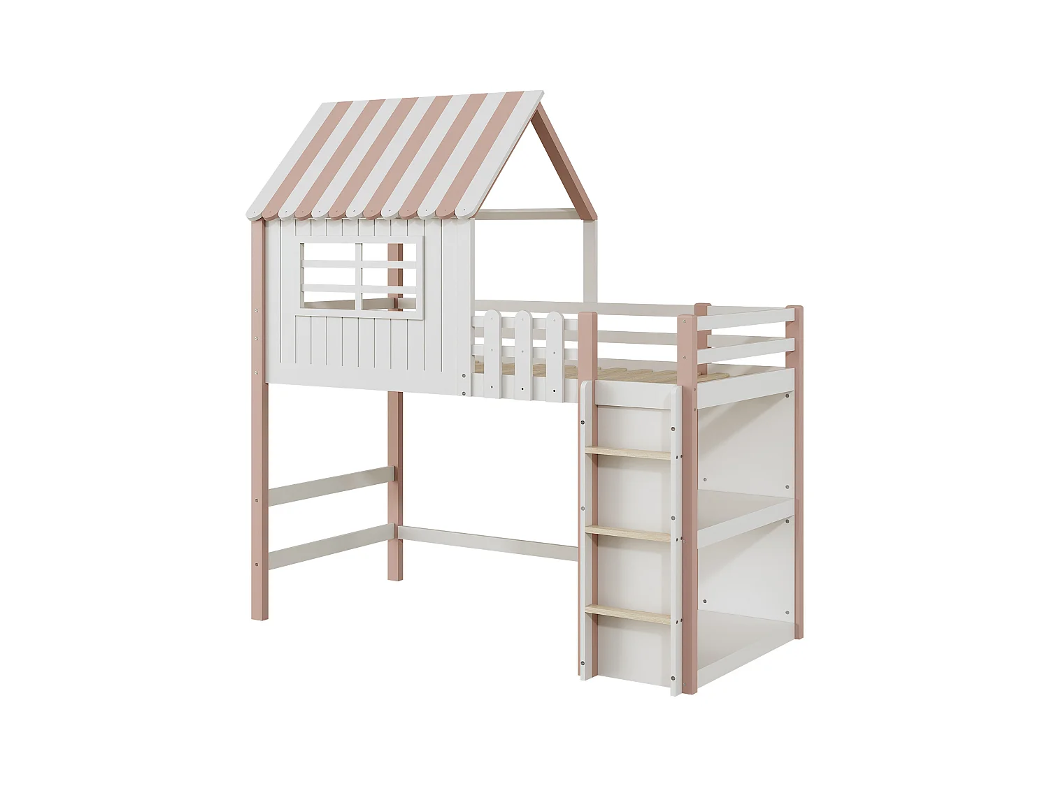 Lit mezzanine cabane enfant blanc et rose 90x200cm avec échelle, fenêtre et étagère de rangement, sans matelas