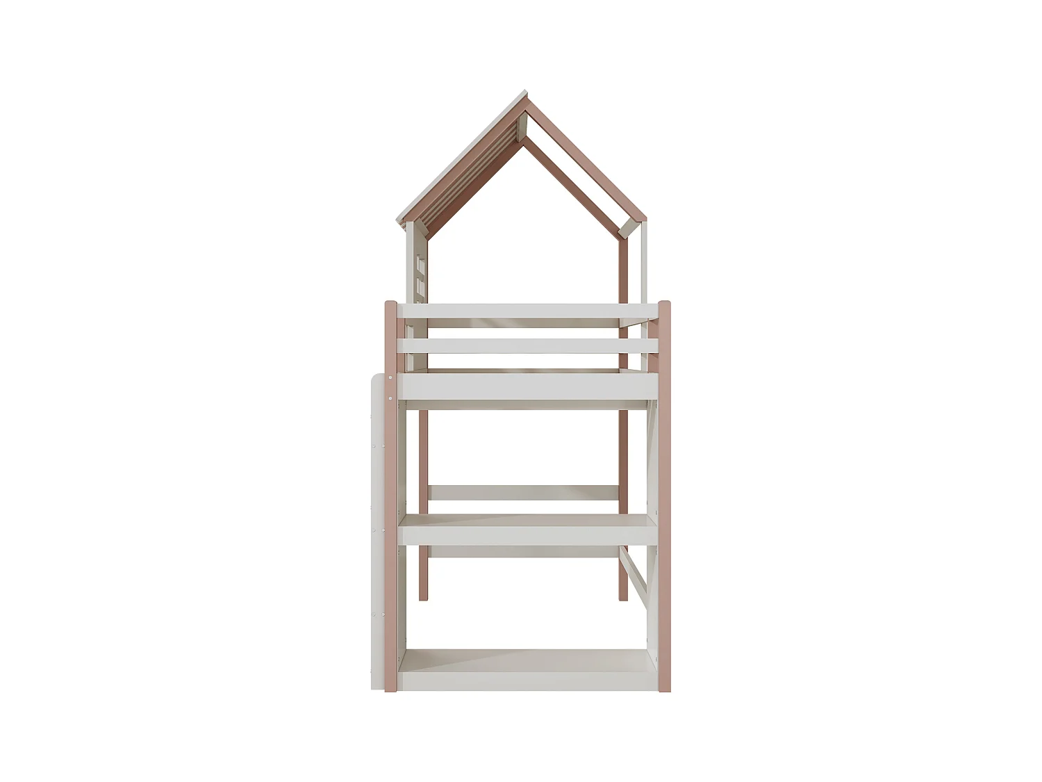 Lit mezzanine cabane enfant blanc et rose 90x200cm avec échelle, fenêtre et étagère de rangement, sans matelas