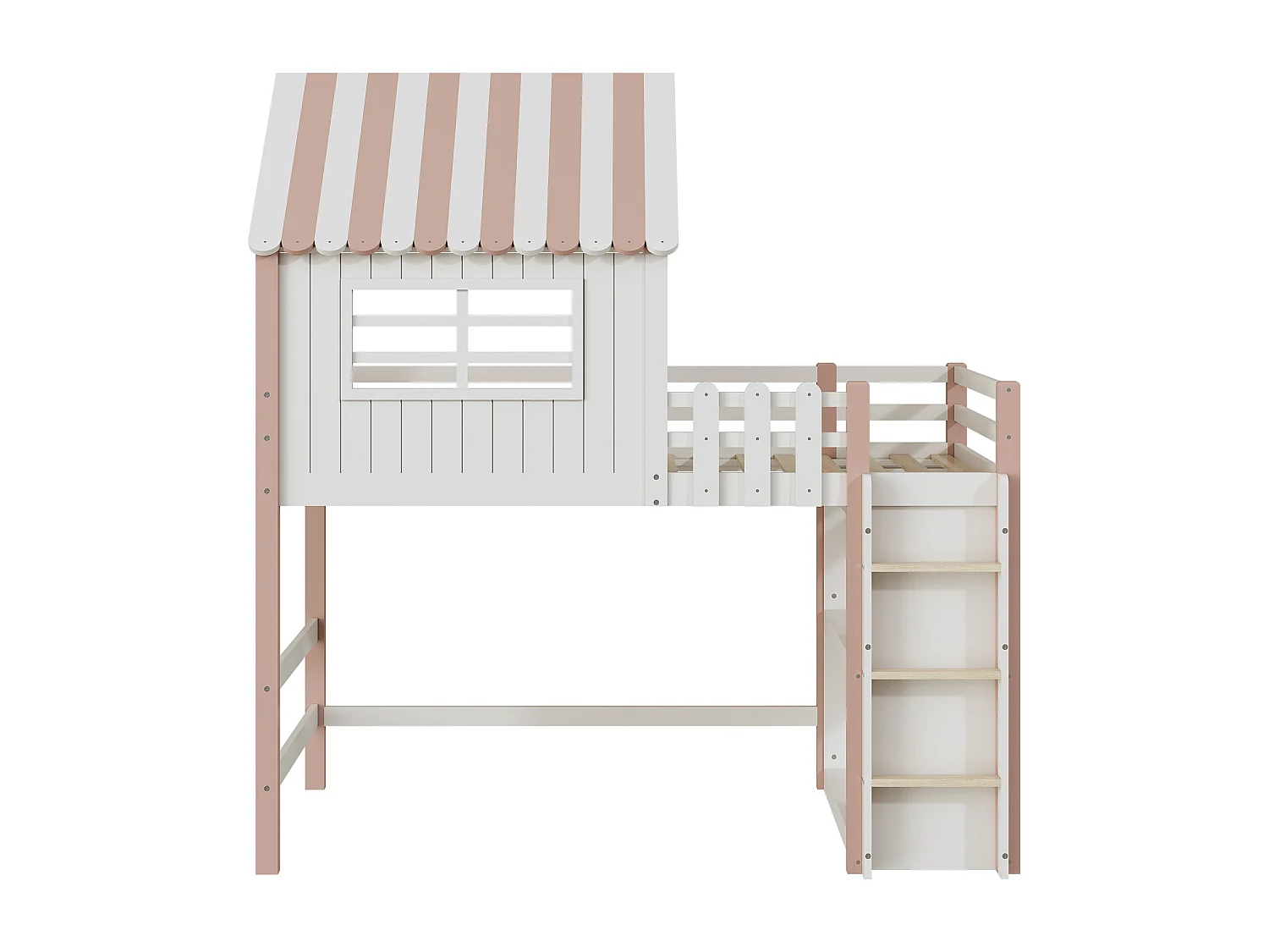 Cama alta infantil en color blanco y rosa de 90x200cm con escalera, ventana y estantería, sin colchón