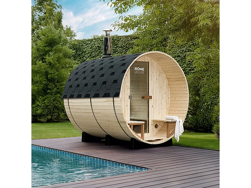 Home Deluxe Sauna à tonneau avec poêle à bois LAGOM DELUXE - Dimensions : environ 210 cm x 240 cm