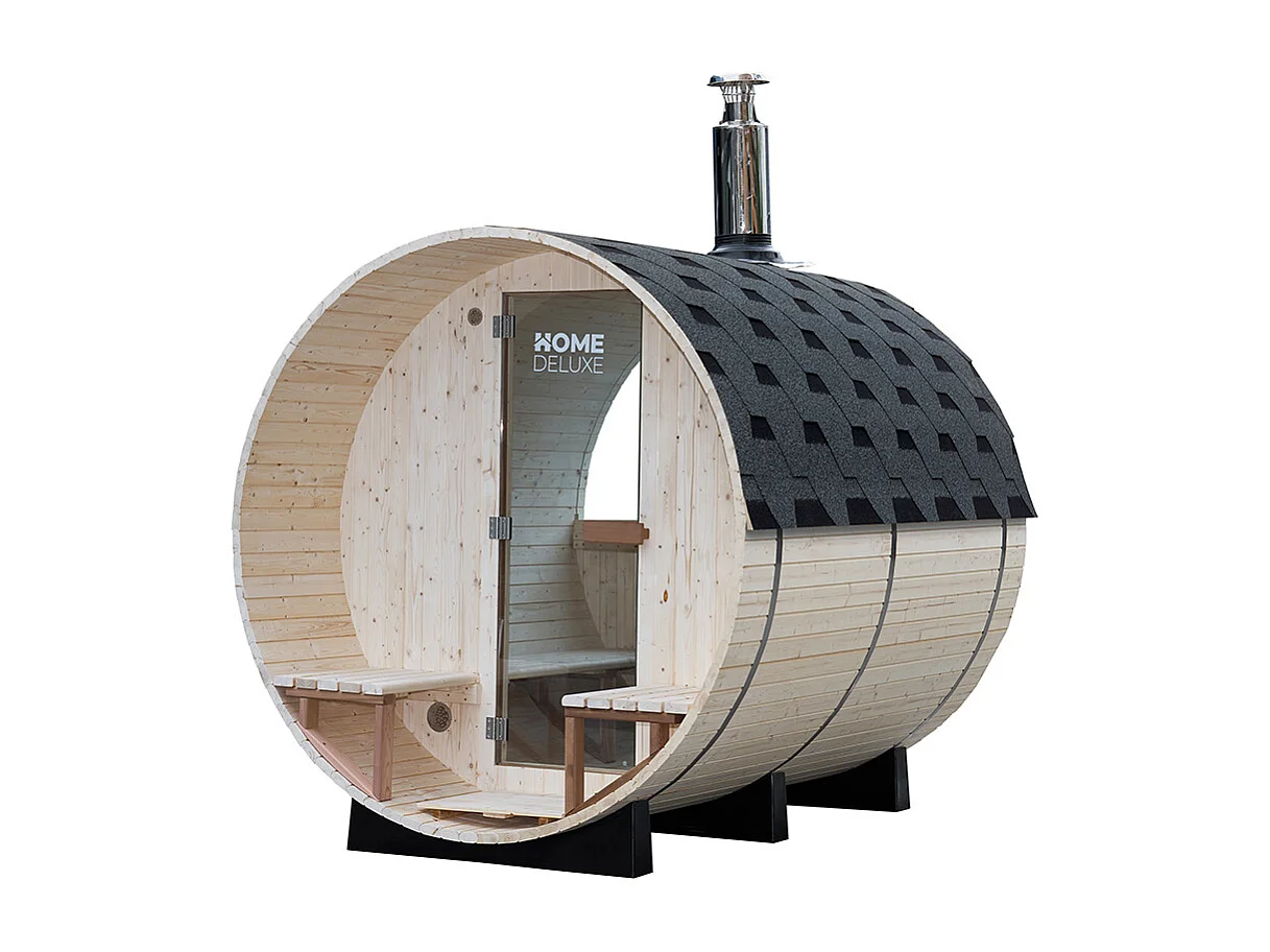 Home Deluxe Sauna à tonneau avec poêle à bois LAGOM DELUXE - Dimensions : environ 210 cm x 240 cm