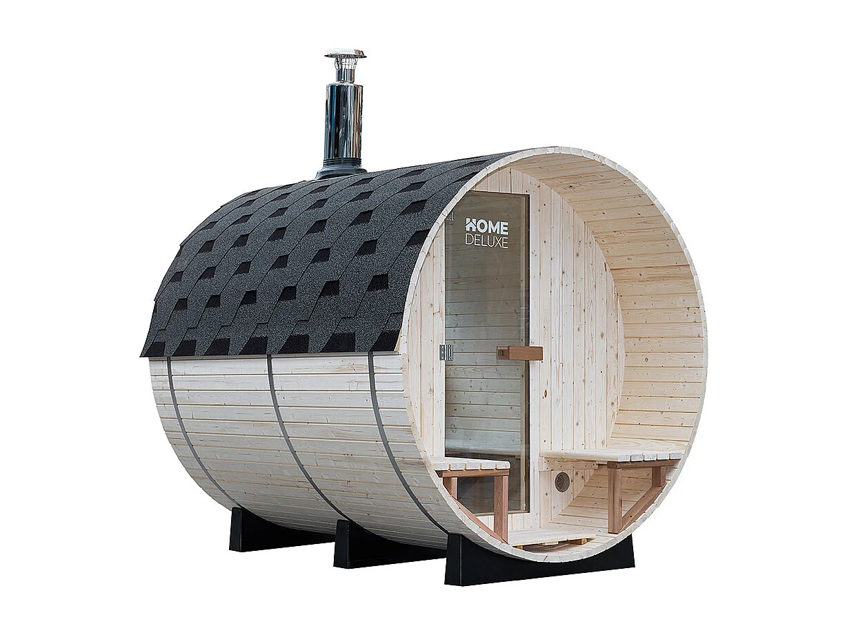 Home Deluxe Sauna à tonneau avec poêle à bois LAGOM DELUXE - Dimensions : environ 210 cm x 240 cm