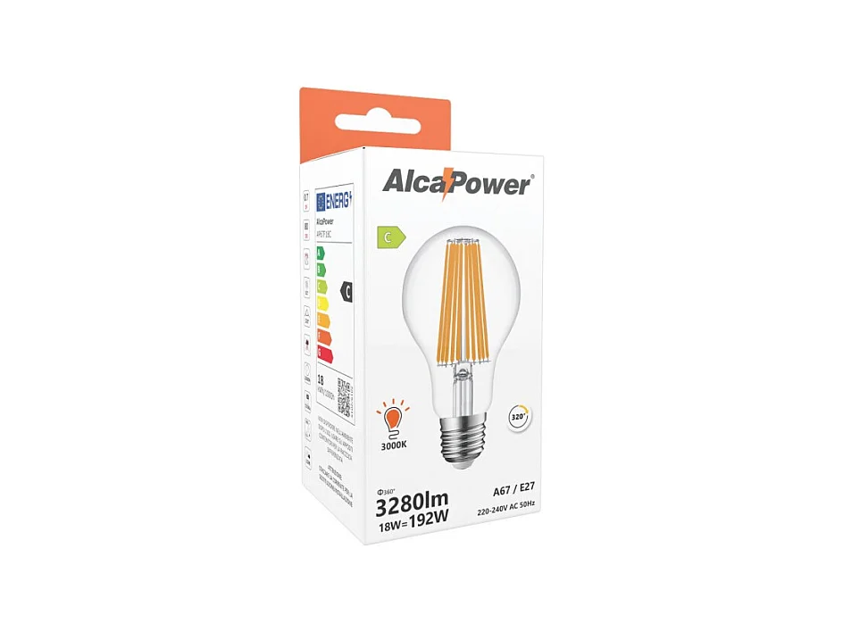Alcapower - Ampoule LED E27 A67 18 W 3 280 lm, angle 320°, classe énergétique C, Ø 67 mm, éclairage instantané, longue durée de vie - 3000K