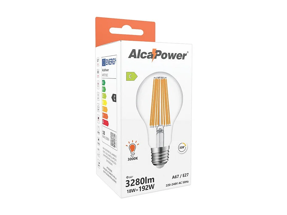 Alcapower - Lâmpada LED E27 A67 18W 3280lm, Ângulo de 320°, Classe Energética C, Ø67mm, Luz Instantânea, Longa Duração - 3000K
