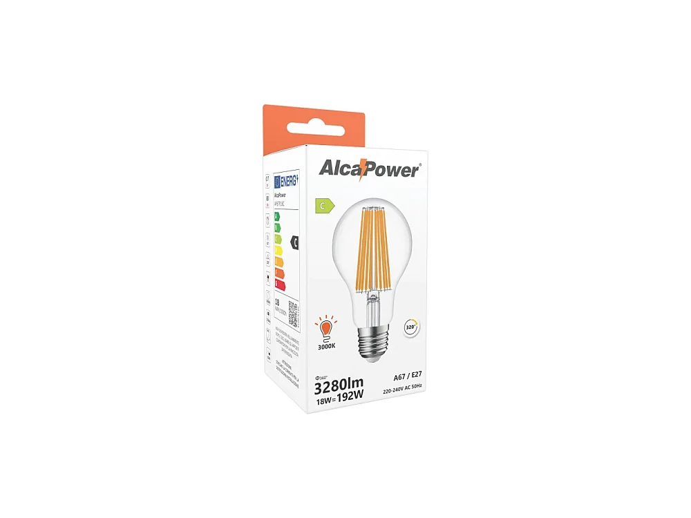 Alcapower - Lampadina LED E27 A67 18W 3280lm, Angolo 320°, Classe Energetica C, Ø67mm, Luce Istantanea, Lunga Durata - 3000K