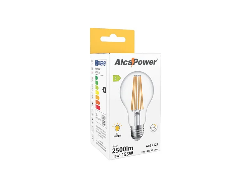 Alcapower - Ampoule LED E27 A60 15 W 2500 lm, angle 320°, classe énergétique C, Ø 60 mm, éclairage instantané, longue durée de vie - 4000 K