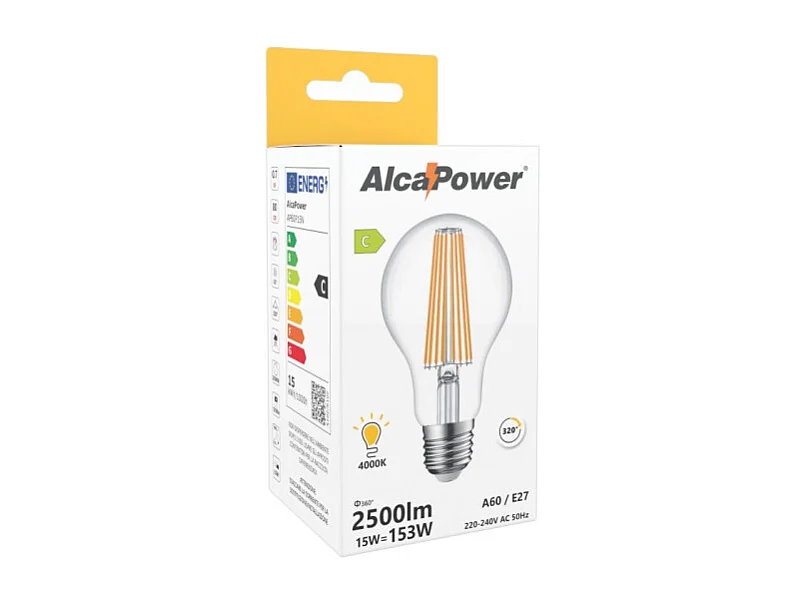 Alcapower - Lâmpada LED E27 A60 15W 2500lm, Ângulo de 320°, Classe Energética C, Ø60mm, Luz Instantânea, Longa Duração - 4000K