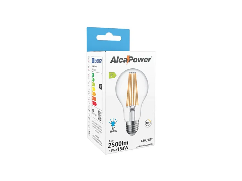 Alcapower - Ampoule LED E27 A60 15 W 2500 lm, angle 320°, classe énergétique C, Ø 60 mm, éclairage instantané, longue durée de vie - 6000 K