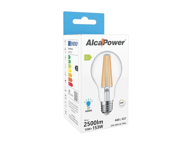 Alcapower - Lâmpada LED E27 A60 15W 2500lm, Ângulo de 320°, Classe Energética C, Ø60mm, Luz Instantânea, Longa Duração - 6000K