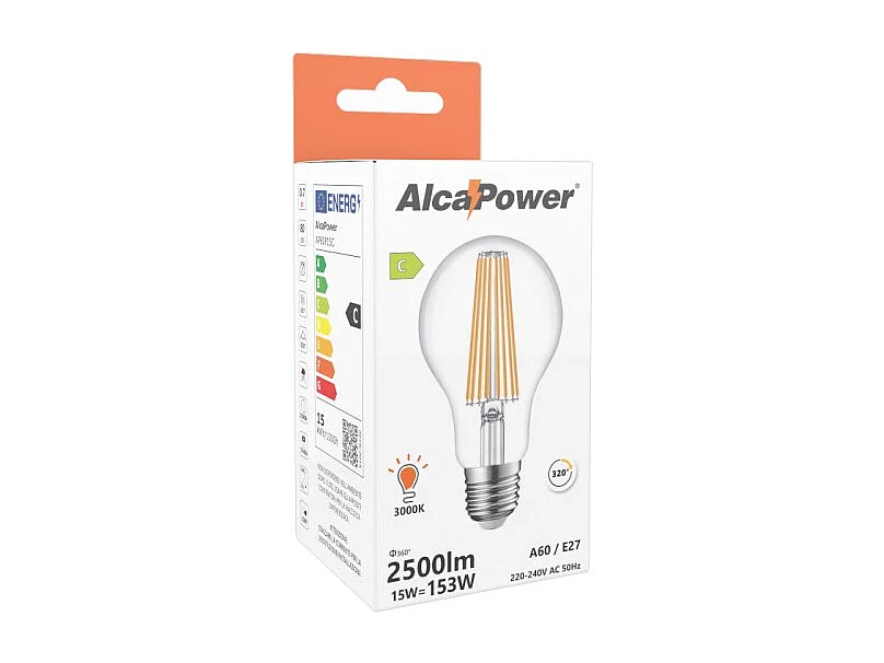Alcapower - Lâmpada LED E27 A60 15W 2500lm, Ângulo de 320°, Classe Energética C, Ø60mm, Luz Instantânea, Longa Duração - 3000K
