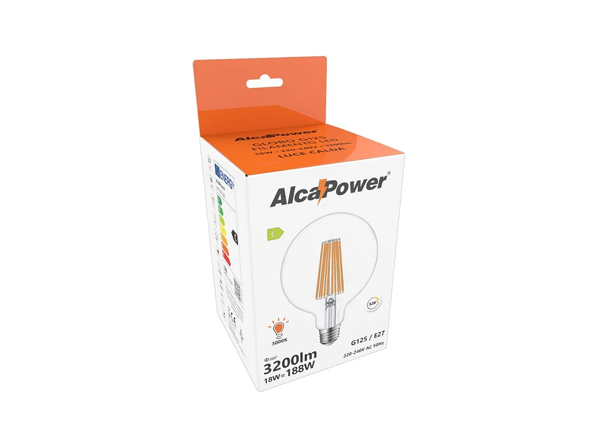 Alcapower - Ampoule LED E27 G125 18 W 3 200 lm, angle de faisceau 320°, classe énergétique C, Ø 125 mm, éclairage instantané, longue durée 3000K