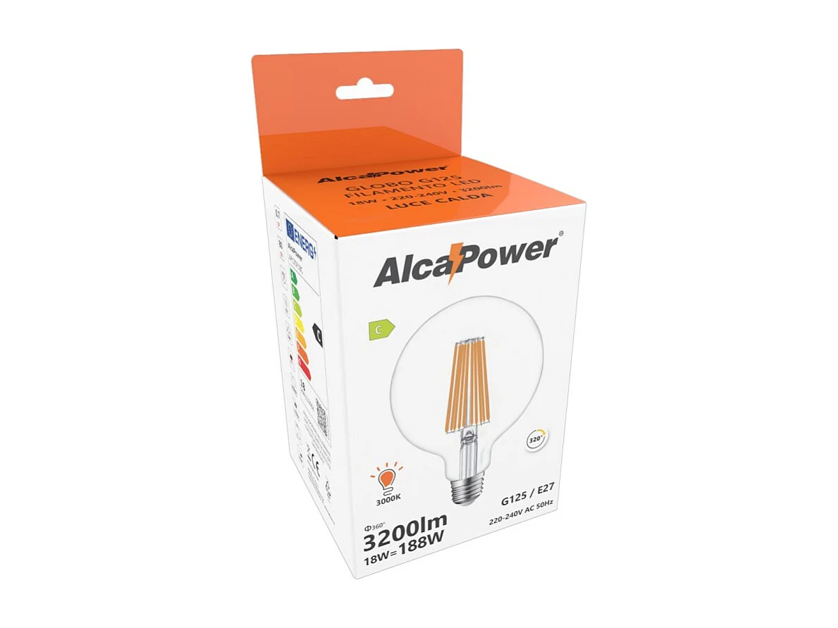 Alcapower - Lâmpada LED E27 G125 18W 3200lm, Ângulo de Feixe de 320°, Classe Energética C, Ø125mm, Luz Instantânea, Longa Duração - 3000K