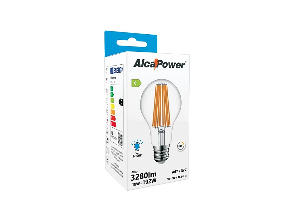 Alcapower - Ampoule LED E27 A67 18 W 3 280 lm, angle 320°, classe énergétique C, Ø 67 mm, éclairage instantané, longue durée de vie - 6000K
